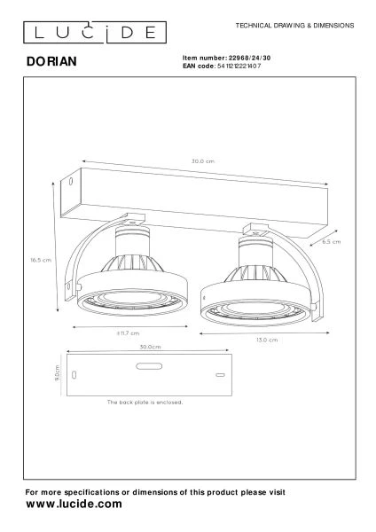 Lucide DORIAN - Deckenstrahler - LED Dim to warm - GU10 (ES111) - 2x12W 2200K/3000K - Schwarz - technisch